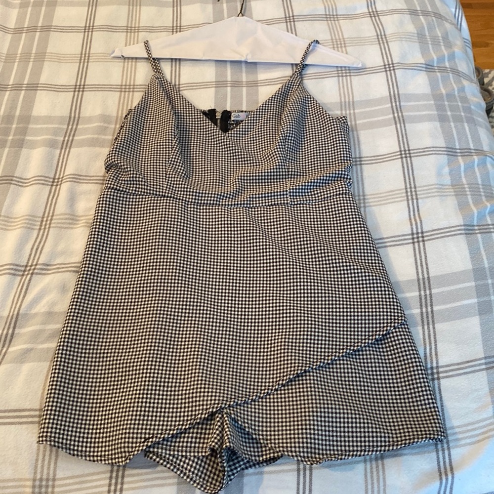 Gab + Kate gingham Envelope skirt style romper.